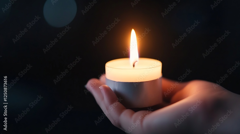 Poster hand holding a lit candle showcasing a warm glow in the darkness creating a serene atmosphere : gene