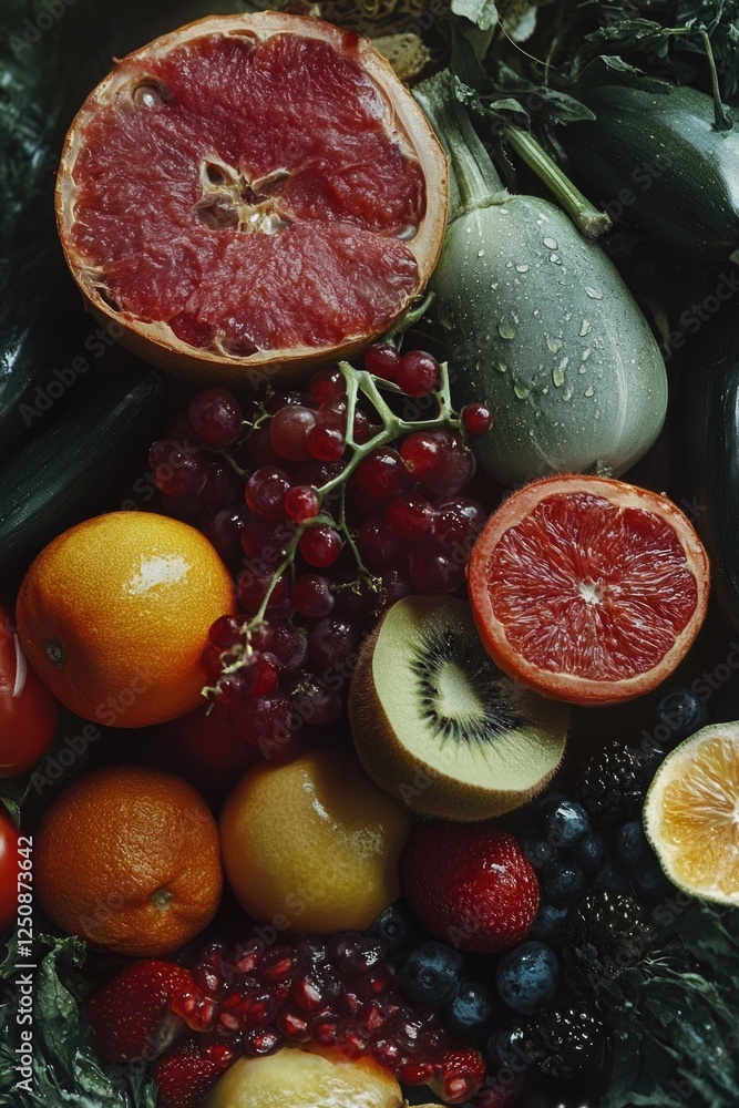 Poster Close-up of assorted fruits and vegetables on a table or counter