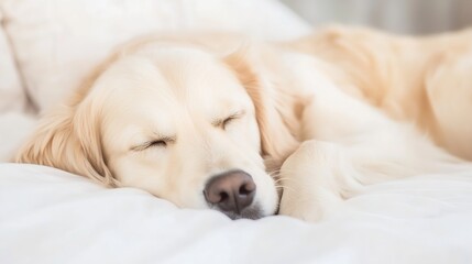 Obraz premium Adorable golden retriever puppy sleeping peacefully on soft white bedding in cozy home setting : Generative AI