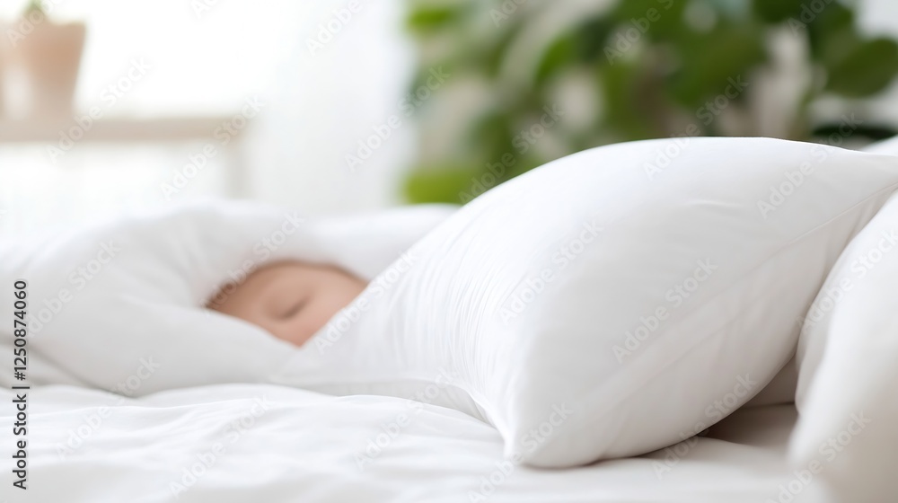 Aufkleber cozy and peaceful bedroom setting with a child cuddling in soft pillows for restful sleep : generati