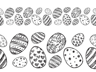 Border design Easter eggs frame drawing in black brush stroke texture isolated on white background. Hand drawn vector sketch illustration in vintage charcoal ink. Easter decoration, holiday symbol
