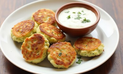 Delicious golden vegetarian patties with dip