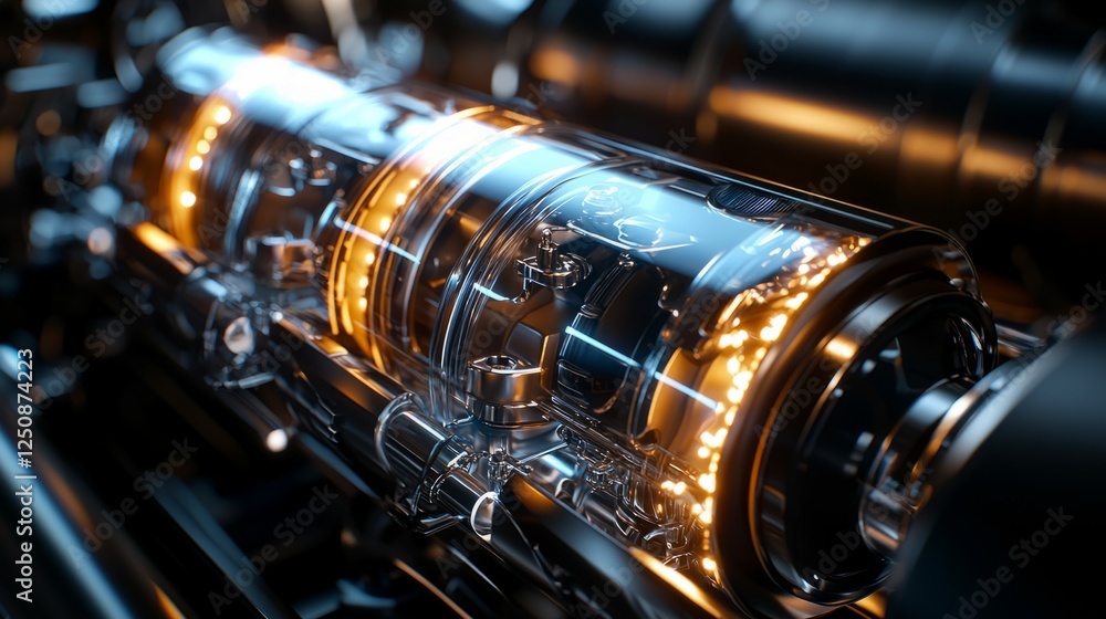 Poster transparent engine component with glowing elements and mechanism
