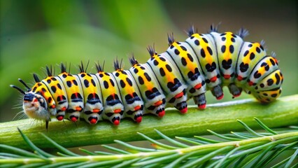 Fototapeta premium Caterpillar crawling on green leaf nature setting close-up photography vibrant colors macro view insect life