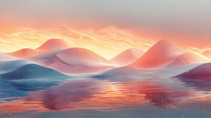surreal landscape of colorful dunes reflecting on calm water at sunset