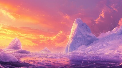 Serene Arctic Landscape with Icebergs and Colorful Sunset Sky