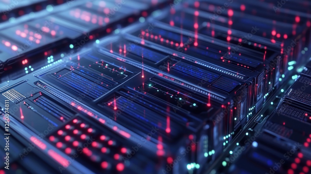 Poster abstract digital data center infrastructure with glowing lines and nodes.