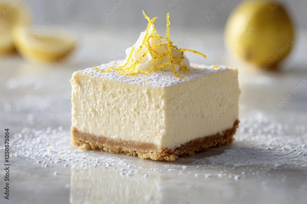 Poster a slice of cheesecake on a table with lemons in the background, perfect for a dessert or snack