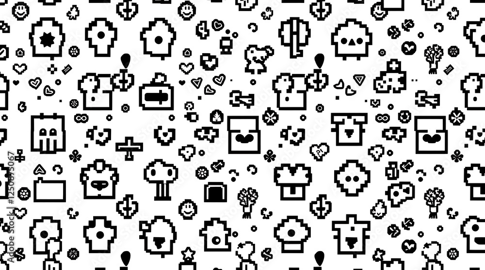 Poster pixelated delight: a whimsical seamless pattern bursting with charming pixel art icons, hearts, and 