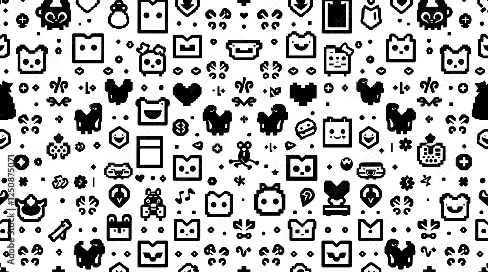 Poster pixelated pattern joy: a playful, monochrome pixel art pattern featuring a diverse cast of adorable,