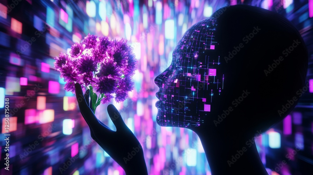 Poster ai humanoid head profile holding robotic flower in hand, representing the future of artificial intel