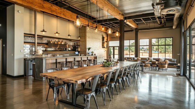 Modern Industrial Dining Space with Large Wood Table and Warm Lighting