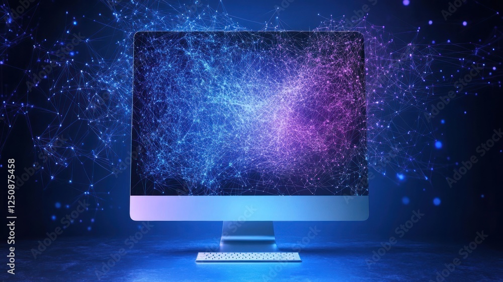 Fototapete abstract digital data network on glowing computer screen.