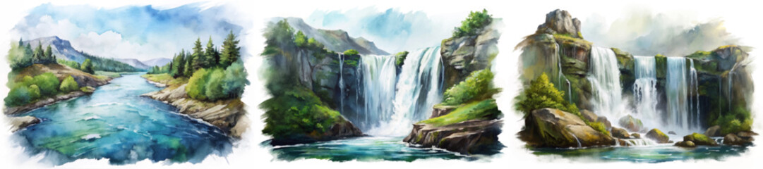 Scenic watercolor landscape, flowing river, majestic waterfalls, lush greenery, serene nature, outdoor beauty, tranquil environment. © Valeriia