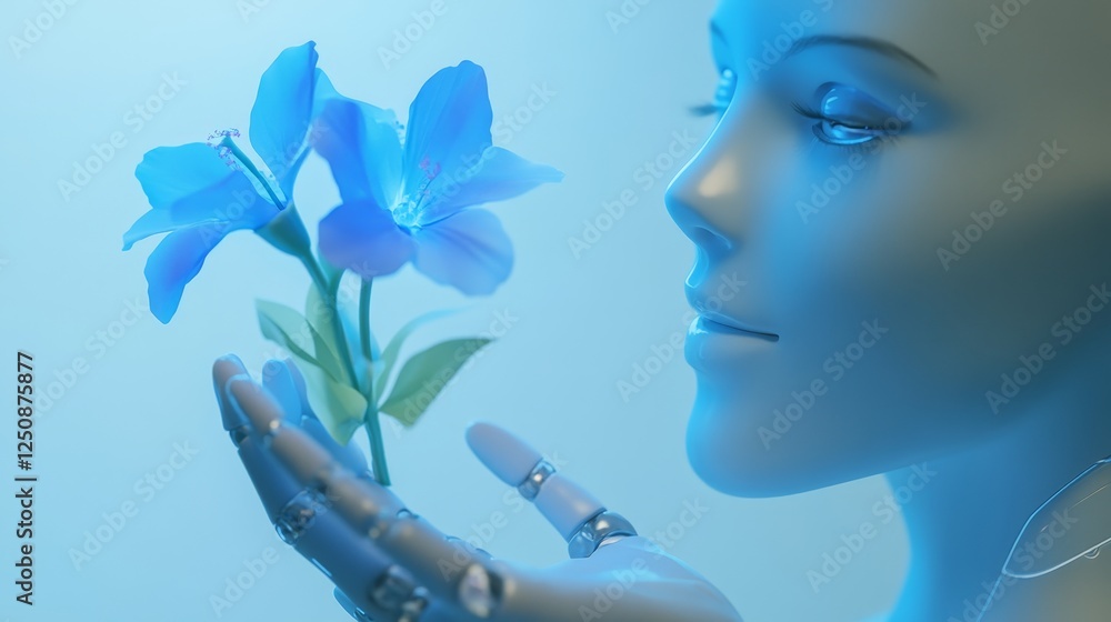 Poster ai humanoid head profile holding robotic flower in hand, representing the future of artificial intel