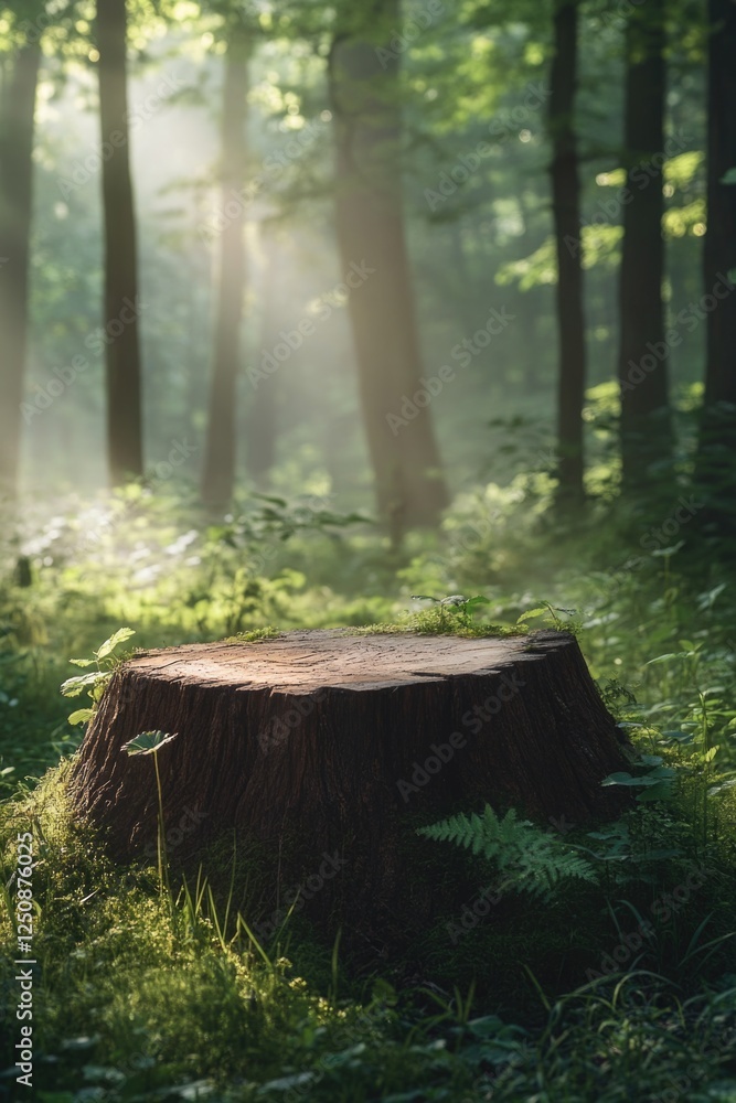 Poster a solitary tree stump sits amidst a dense forest environment, perfect for use as a backdrop or symbo