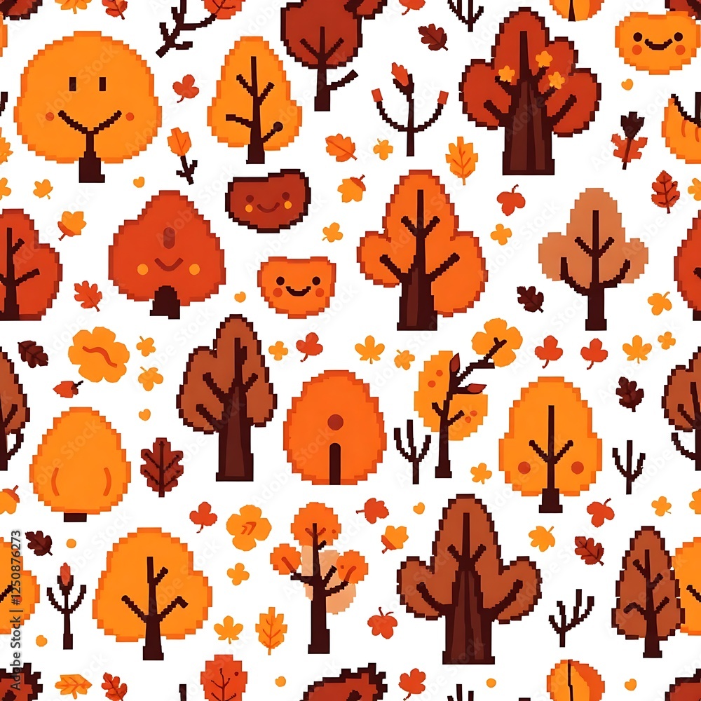 Aufkleber pixelated autumn forest: a cheerful pixel art pattern featuring various trees with happy faces in sh