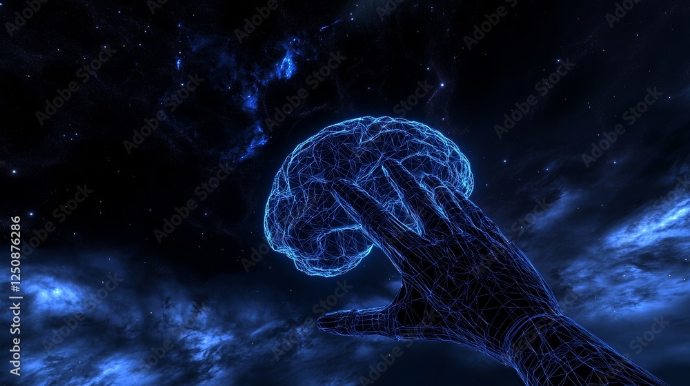 Poster futuristic 3d model of a human brain with artificial intelligence wireframe and robotic hand reachin