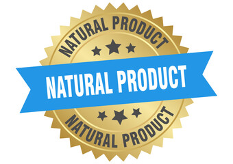 natural product. natural product round blue and gold label isolated on transparent background