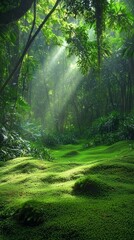 Obraz premium Sunlight Streaming Through Lush Green Jungle Landscape in Nature