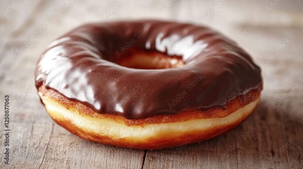 Poster a single chocolate frosted donut sits on top of a wooden table, perfect for displaying or serving