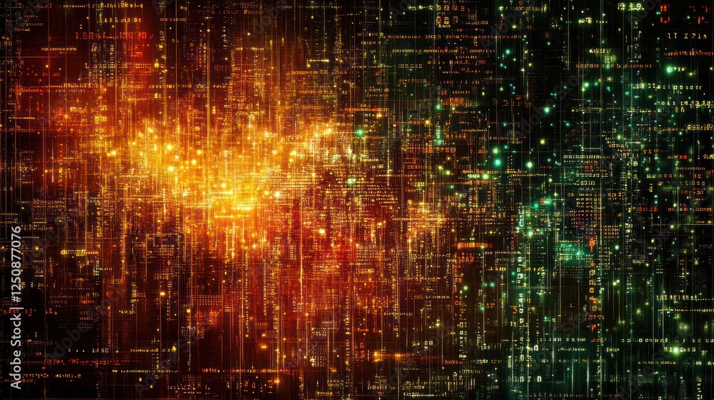 Poster abstract digital data stream visualization; glowing lines and particles forming a complex network.