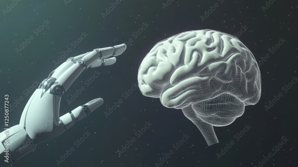 Poster futuristic 3d model of a human brain with artificial intelligence wireframe and robotic hand reachin
