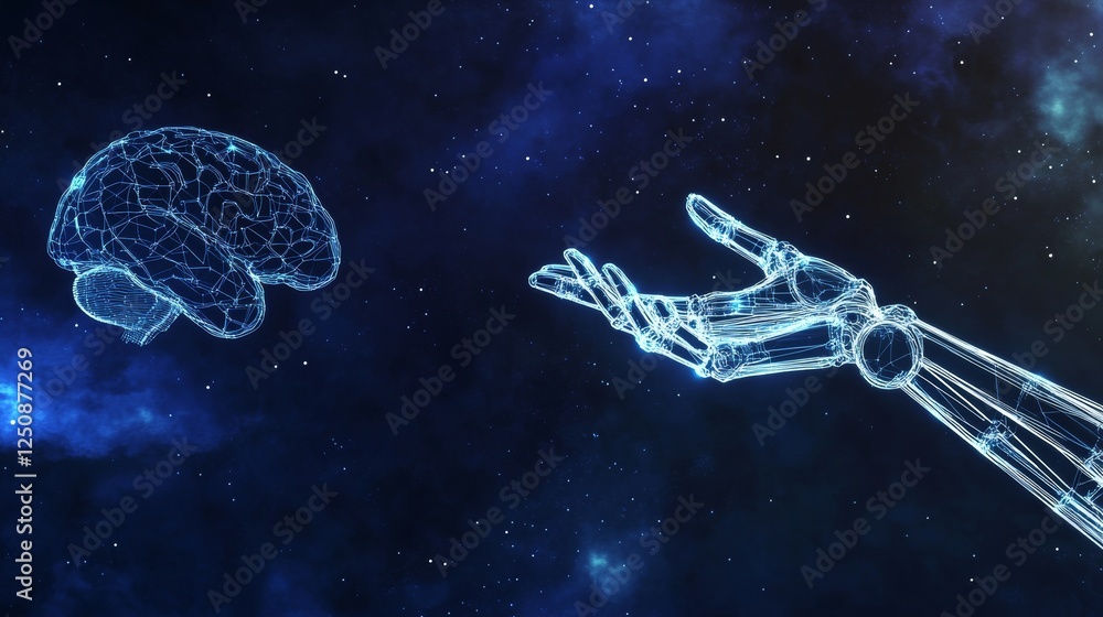 Poster futuristic 3d model of a human brain with artificial intelligence wireframe and robotic hand reachin