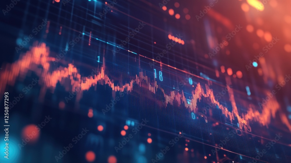 Poster abstract digital data visualization with fluctuating lines and glowing points, representing financia