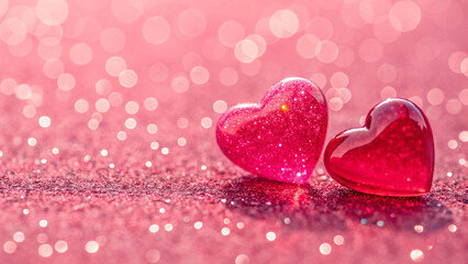 Fototapeta premium Two Red Valentine's Hearts Standing On Wooden Table With Soft Romantic background