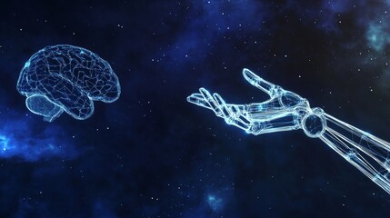 Futuristic 3D model of a human brain with artificial intelligence wireframe and robotic hand reaching out, symbolizing the connection between technology, human intelligence in a space-like background