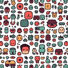 Obraz premium Pixelated Joyride: A whimsical, vibrant seamless pattern featuring a delightful array of pixel art characters and objects. Each tiny figure adds a playful charm to the background.