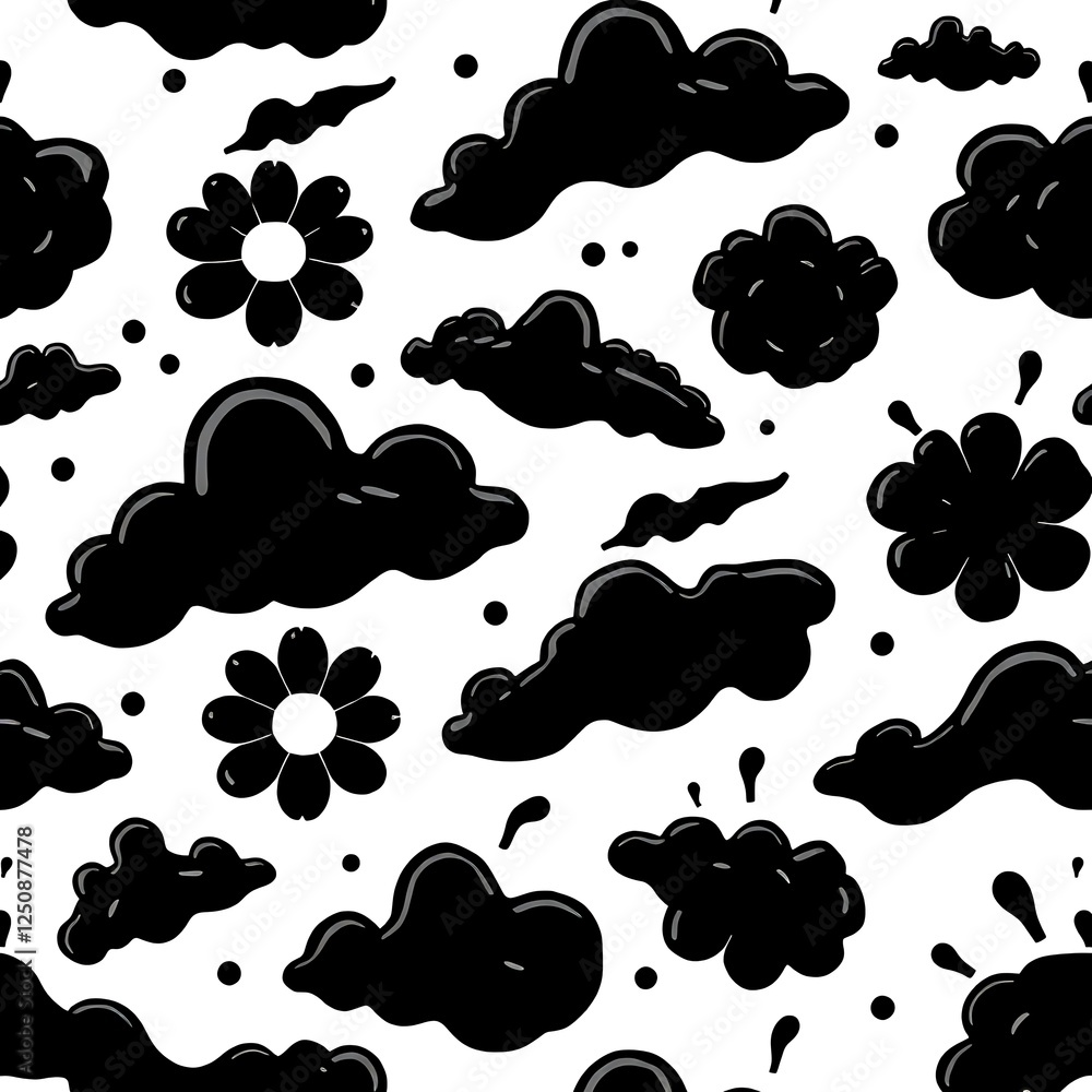 Poster black and white cloud and flower seamless pattern: an endless repeating pattern featuring stylized b