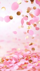 Sparkling pink and gold happy birthday confetti sprinkled over pastel surface, radiating festive celebration with vibrant, shimmering color palette vignette background Copy space for text
