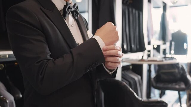 Close up young adult happy man asia people prepare clothes for tied knot wedding life event party get dressed up wear cuff link bow tie try on full male suit at fitting room modern luxury shirt store.