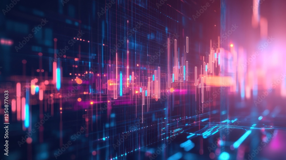 Poster abstract digital data visualization with glowing lines and bars, representing technological informat