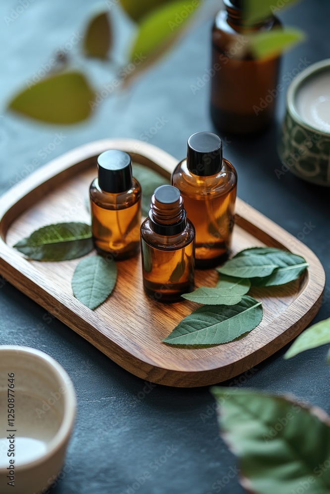 Poster a set of three essential oils on a wooden tray for aromatherapy or display