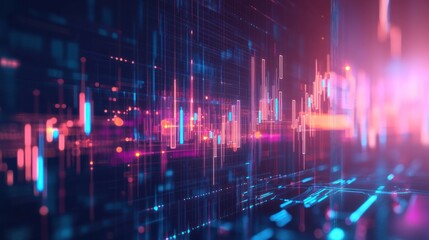 Fototapeta premium Abstract digital data visualization with glowing lines and bars, representing technological information flow.