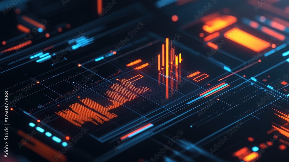 Poster abstract digital data visualization with glowing lines and graphs.