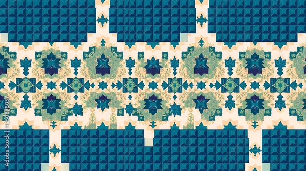 Poster geometric tapestry: a seamless pattern of intricate geometric shapes in a vibrant palette of blue, g