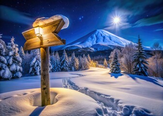 Fototapeta premium November 14th, 2024: Hokkaido's winter night reveals a shelter route sign, a stark Japanese landscape.