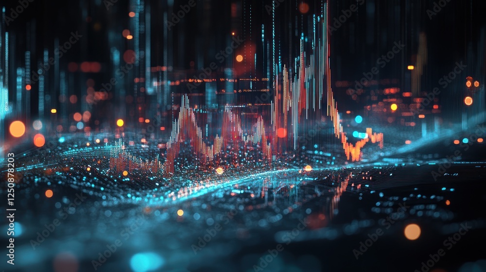 Poster abstract digital data visualization with glowing lines and particles, representing information flow 