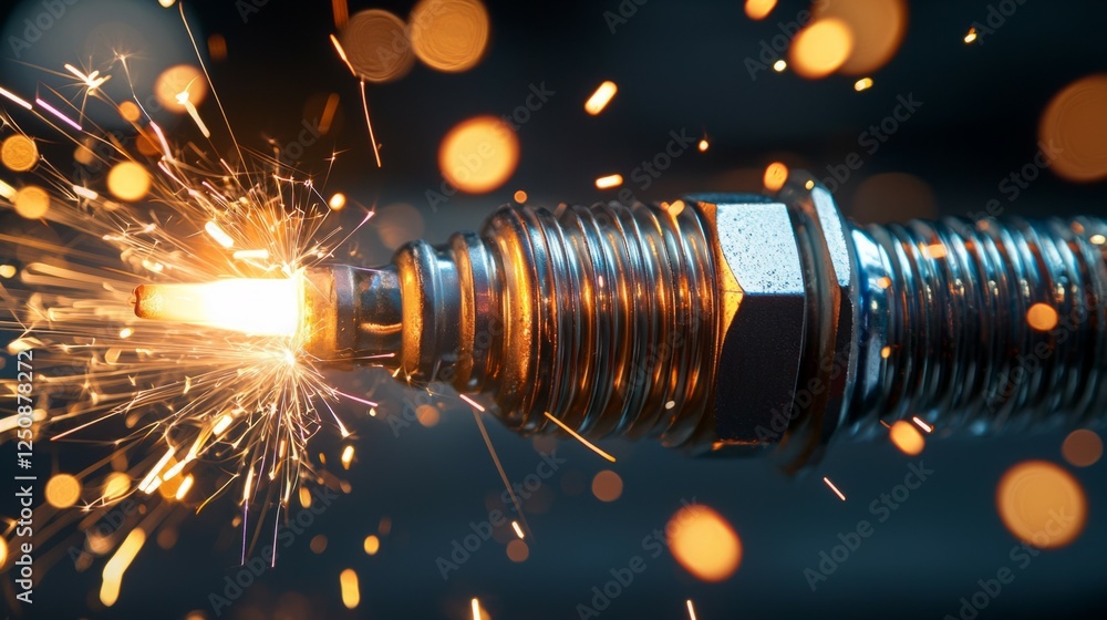 Poster spark plug emitting sparks with metallic reflection and bokeh effect