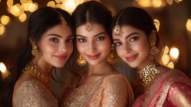 three smiling Indian women with flawless makeup and elegance. The models are posing in a luxurious setting with warm lighting, surrounded by softly glowing diyas.