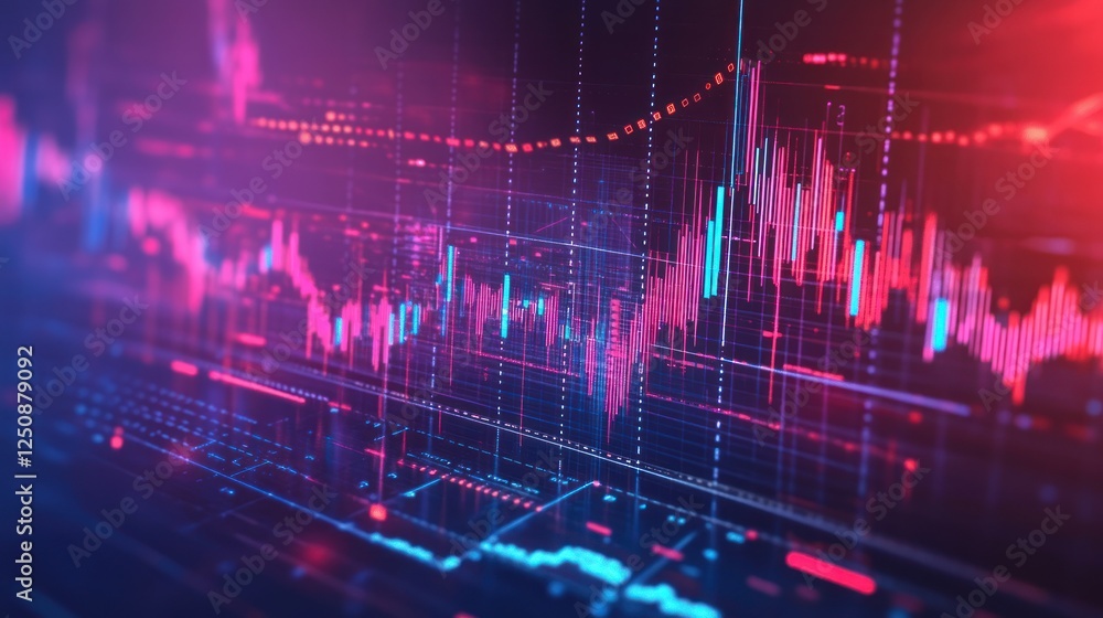 Poster abstract digital graph showing market trends, data visualization with vibrant colors and dynamic lin