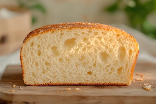 Freshly baked loaf of bread sitting on a clean cutting board, ready for slicing