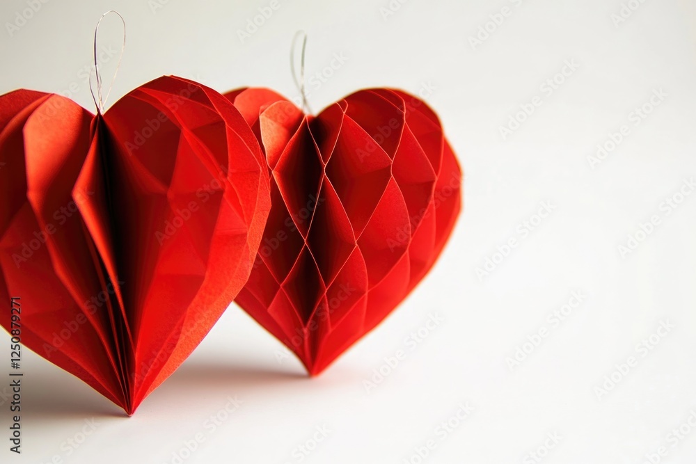 Poster a couple of red paper hearts hanging from strings