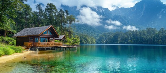 Naklejka premium Lakeside cabin, mountain view, tranquil escape. Vacation rental