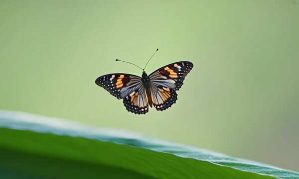 A butterfly with orange, black, and white wings is flying in front of a green background. The butterfly is in focus, and the background is blurred. The butterfly's wings are moving as it fli