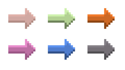 Different colors arrows in pixel art style on a transparent background. Pack of 8 bit arrows